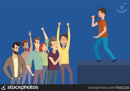 Man singing with microphone, side view of stage. Cheerful people near scene with hands up. Concert with group of fans men and women on blue vector. Concert Artist and Fans, Side View Stage Vector