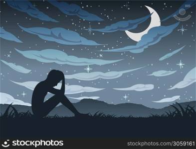 Man sit alone with sad and hopeless around with cloud sky in dark night