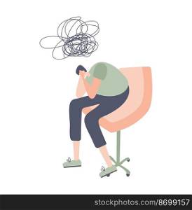 Man sit in armchair and think about own problems. Psychologist at the reception flat vector illustration. Stress treatment, mental disorder, depression therapy concept.. Man sit in armchair and think about own problems. Psychologist at the reception flat vector illustration. Stress treatment, mental disorder, depression therapy concept