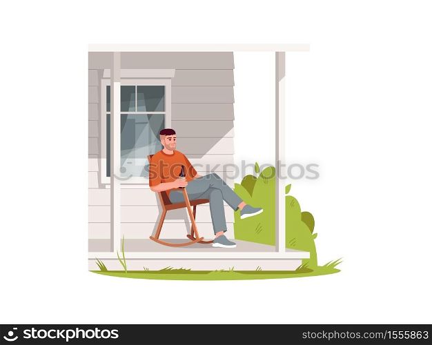 Man sit in armchair on patio semi flat RGB color vector illustration. Rural lifestyle, summer recreation in village. Farmer on porch relax in chair isolated cartoon character on white background. Man sit in armchair on patio semi flat RGB color vector illustration