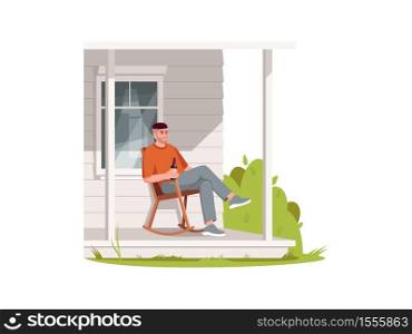 Man sit in armchair on patio semi flat RGB color vector illustration. Rural lifestyle, summer recreation in village. Farmer on porch relax in chair isolated cartoon character on white background. Man sit in armchair on patio semi flat RGB color vector illustration