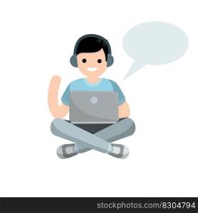Man sit with laptop. Work freelance and programmer. Guy works on Internet and chat. Cartoon flat illustration. Learning and education with a book. Blank bubble for text.. Man sit with laptop.