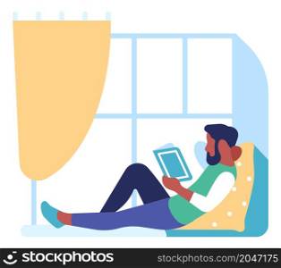 Man siting on floor with book. Home reading concept isolated on white background. Man siting on floor with book. Home reading concept