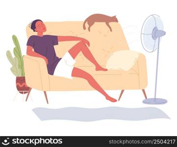 Man sits at home on the couch by the fan and enjoys the freshness of a hot day. Man sits at home on the couch by the fan and enjoys the freshness of a hot day.