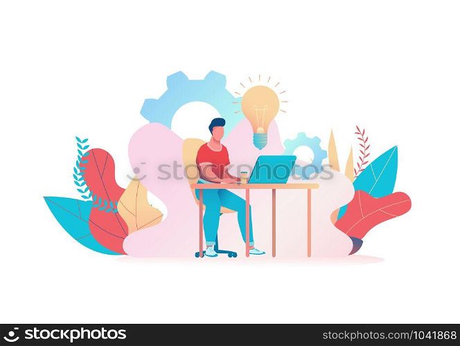 Man sits at laptop in search of solution to problem. Light is on above head. Metaphor of the search for ideas. Concept of freelance work, brainstorming, finding solution task. Vector flat illustration