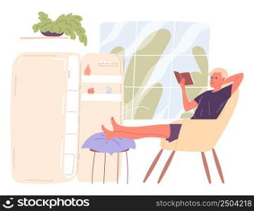 Man sits by an open refrigerator and chills out in the heat.. Man sits by an open refrigerator and chills out in the heat