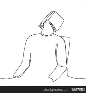 man sits on a chair with his head thrown back on his face an open book (textbook, notebook). one continuous line concept of tired student, independent / home learning