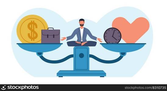 Man sits on huge scale, balancing finances and love. Choosing between money and family. Alternative solutions. Business or romantic relationships. Thinking character cartoon flat style vector concept. Man sits on huge scale, balancing finances and love. Choosing between money and family. Alternative solutions. Business or romantic relationships. Thinking character cartoon flat vector concept