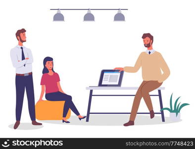 Man sits on table with monitor or monoblock, girl sits on comfortable yellow pouf, bearded guy in shirt stands with his arms crossed. Office modern interior, ceiling lighting, pot plant. Flat image. Office staff in modern office, monoblock, furniture, ceiling lighting. Flat vector image isolated