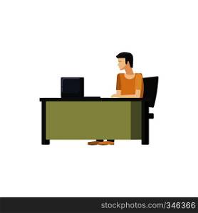 Man sitting at a computer desk icon in cartoon style on a white background. Man sitting at a computer desk icon, cartoon style