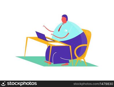 Man sitting at a desk with a computer. Flat vector design.