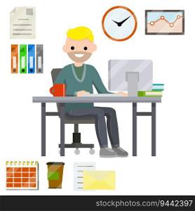 Man sitting at computer in office. Cartoon flat illustration. Set for business work-hours, file documents, letter, coffee, calendar. Smiling happy guy. Company employee and office items. Work with PC