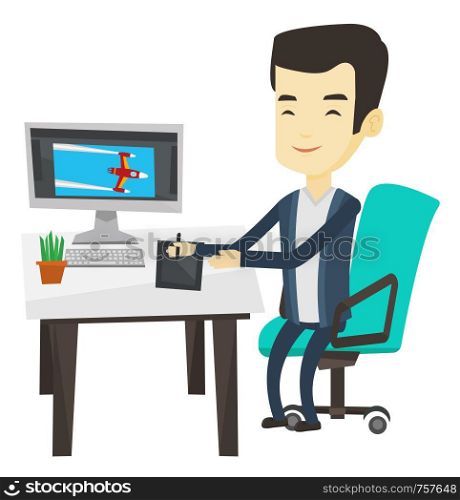 Man sitting at desk and drawing on graphics tablet. Graphic designer using graphics tablet, computer and pen. Graphic designer at work. Vector flat design illustration isolated on white background.. Designer using digital graphics tablet.