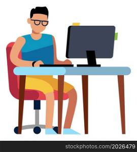 Man sitting at desk. Guy working on computer. Remote office icon isolated on white background. Man sitting at desk. Guy working on computer. Remote office icon