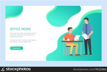 Man sitting at desktop and checking document, people teamwork, portrait view of employee character holding papers, research report online vector. Website or webpage template, landing page flat style. Men Employee Character Checking Document Vector