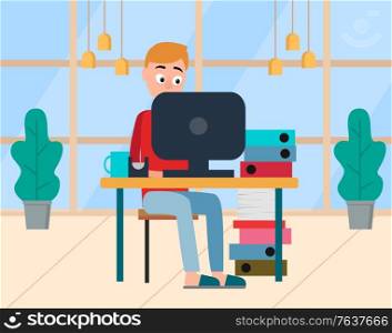 Man sitting at table and using computer, male worker looking at monitor of pc. Employee character working with documents and wireless device vector. Male Working with Computer, Home Workplace Vector