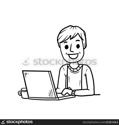 Man sitting at table with laptop. Chat with friends on the Internet. Work as freelancer and programmer. Modern gadget. Smiling happy guy.. Man sitting at table with laptop.