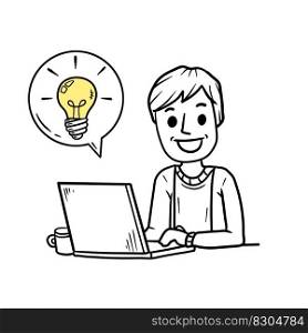 Man sitting at table with laptop. Work as freelancer and programmer. Modern gadget. Smiling happy guy. Bubble with light bulb. Idea concept. Invention and thought. Hand drawn sketch cartoon. Man sitting at table with laptop.