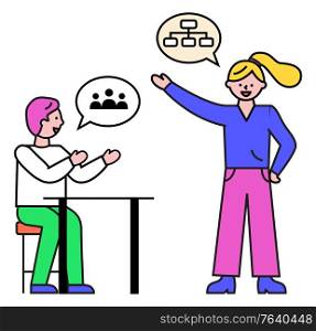 Man sitting at table, woman standing near worker. Business meeting of two managers at work. Conversation or discussion of adults, teamwork. Minimalist vector picture, communication of group of people. Business Conversation of Man and Woman at Work