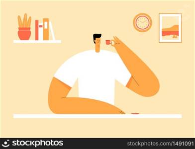 Man sitting at the table and drinking coffee. Cozy interior with plant, painting, clock, books. Cartoon cute male character. Modern vector flat illustration. Use in web project and applications.