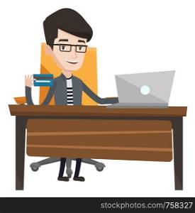 Man sitting at the table with laptop and holding a credit card in hand. Man using laptop for online shopping. Man shopping online at home. Vector flat design illustration isolated on white background.. Man shopping online vector illustration.
