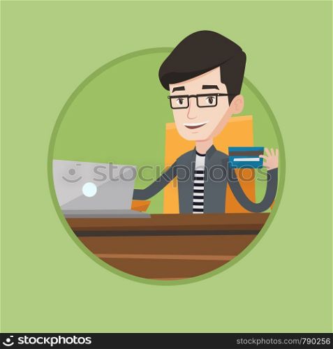 Man sitting at the table with laptop and holding a credit card in hand. Man using laptop for online shopping. Man shopping online. Vector flat design illustration in the circle isolated on background.. Man shopping online vector illustration.