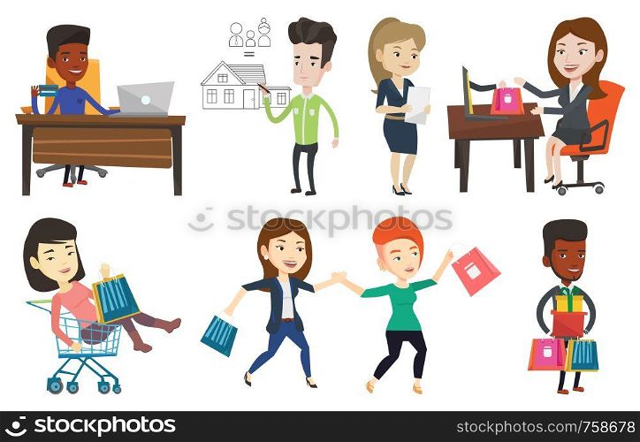 Man sitting at the table with laptop and holding credit card. Man using laptop for online shopping. Young man shopping online. Set of vector flat design illustrations isolated on white background.. Vector set of shopping people characters.