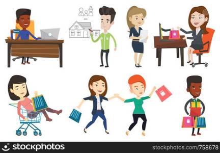 Man sitting at the table with laptop and holding credit card. Man using laptop for online shopping. Young man shopping online. Set of vector flat design illustrations isolated on white background.. Vector set of shopping people characters.