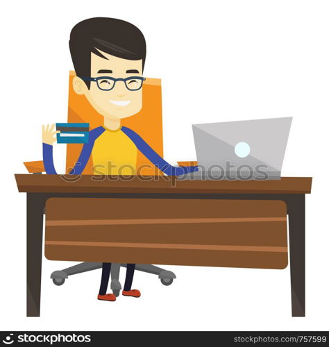 Man sitting at the table with laptop and holding credit card in hand. Man using laptop for online shopping. Man shopping online at home. Vector flat design illustration isolated on white background.. Man shopping online vector illustration.