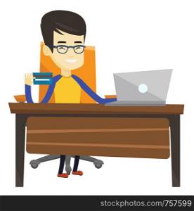Man sitting at the table with laptop and holding credit card in hand. Man using laptop for online shopping. Man shopping online at home. Vector flat design illustration isolated on white background.. Man shopping online vector illustration.