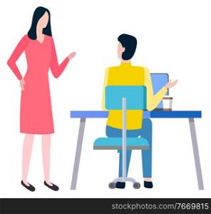 Man sitting at work place and woman broker, cooperation and teamwork. Vector cartoon style people business trainers and supervisors. Tutor consultant. Training at Work Controlling Supervisor, Brokers