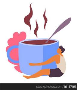 Man sitting by big cup of coffee with steam hugging mug. Hot beverage in mug with tea spoon. Aromatic drink with flavor, male character in love with taste. Cafeteria or product ad vector in flat. Male personage hugging cup of coffee with steam