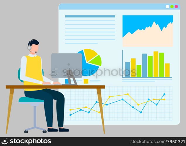 Man sitting by laptop in office vector, worker with computer looking at monitor. Whiteboard with charts and stats, analytics and predictions forecasts. Freelancer Man Working on Project Data Analysis