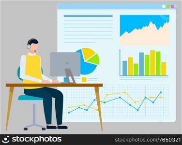 Man sitting by laptop in office vector, worker with computer looking at monitor. Whiteboard with charts and stats, analytics and predictions forecasts. Freelancer Man Working on Project Data Analysis
