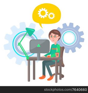 Man sitting by laptop working on projects development vector, male with computer looking at screen. Icons of gears and cogwheels denoting process. Freelancer Working Process, Office Worker Vector