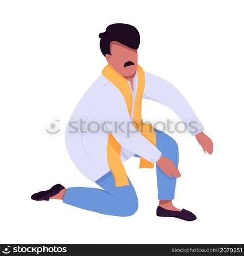 Man sitting down semi flat color vector character. Dynamic figure. Full body person on white. Fixing pose isolated modern cartoon style illustration for graphic design and animation. Man sitting down semi flat color vector character