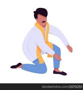 Man sitting down semi flat color vector character. Dynamic figure. Full body person on white. Fixing pose isolated modern cartoon style illustration for graphic design and animation. Man sitting down semi flat color vector character