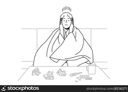 Man sitting in blanket struggle with cold or influenza. Unhealthy male suffer from covid or flu taking meds relaxing at home. Healthcare and medicine. Vector illustration. . Unhealthy man suffer from cold 
