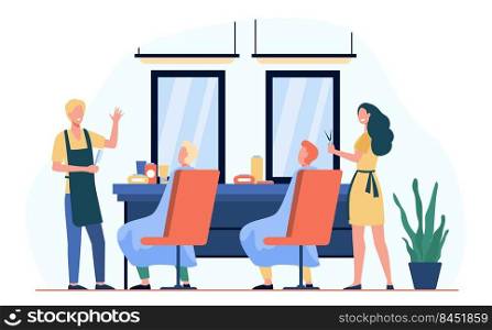 Man sitting in chair in barbershop isolated flat vector illustration. Cartoon hairdressers making haircut for clients. Hairdressing salon and fashion concept