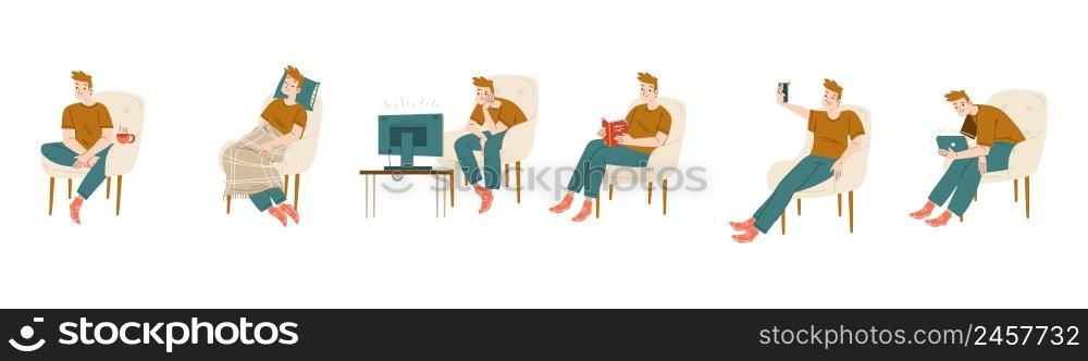 Man sitting in chair, watch tv, read book and take selfie on mobile phone. Vector flat illustration of person relax at home, sit in armchair with coffee, tablet, sleep with blanket and pillow. Man sitting in chair, watch tv, read book