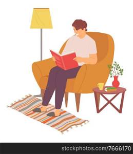 Man sitting in comfortable armchair vector, person with book at home, male wearing slippers, l&and table with vase and flourishing plant, carpet. Man Reading Book at Home, Person Sitting on Chair