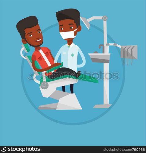 Man sitting in dental chair while dentist standing nearby. Doctor and patient in dental clinic. Patient on reception at dentist. Vector flat design illustration in the circle isolated on background.. Patient and doctor at dentist office.