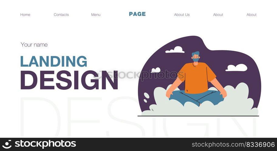 Man sitting in lotus position on abstract cloud. Sky in background. Cheerful bearded male person relaxing flat vector illustration. Yoga, meditation concept for banner, website design or landing web page.