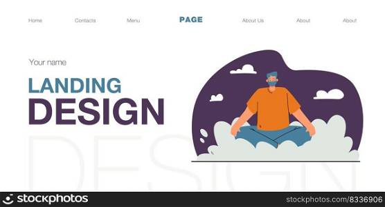Man sitting in lotus position on abstract cloud. Sky in background. Cheerful bearded male person relaxing flat vector illustration. Yoga, meditation concept for banner, website design or landing web page.