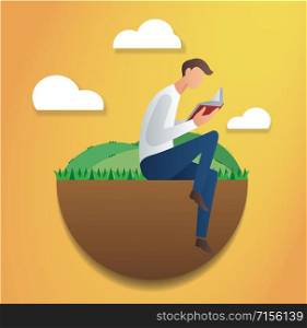 man sitting in the park and reading book vector illustration