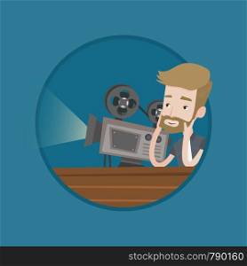 Man sitting near a film projector in the room projectionist. Caucasian projectionist showing new film. Young projectionist at work. Vector flat design illustration in the circle isolated on background. Caucasian projectionist showing new film.