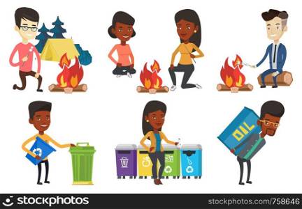 Man sitting near campfire with marshmallow. Man roasting marshmallow over campfire. Young tourist relaxing near campfire at camp. Set of vector flat design illustrations isolated on white background.. Vector set of characters on ecology issues.