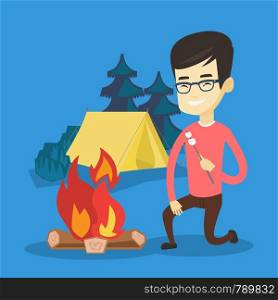 Man sitting near campfire with marshmallow. Man roasting marshmallow over campfire. Tourist relaxing near campfire on the background of camping site. Vector flat design illustration. Square layout.. Young man roasting marshmallow over campfire.