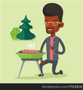 Man sitting next to barbecue grill in the park. An african-american man cooking steak on barbecue grill outdoors. Smiling man having a barbecue party. Vector flat design illustration. Square layout.. Man cooking steak on barbecue grill.