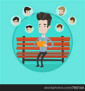 Man sitting on a bench and using a tablet computer with social network. Man surfing in the social network. Social network concept. Vector flat design illustration in the circle isolated on background.. Man surfing in the social network.
